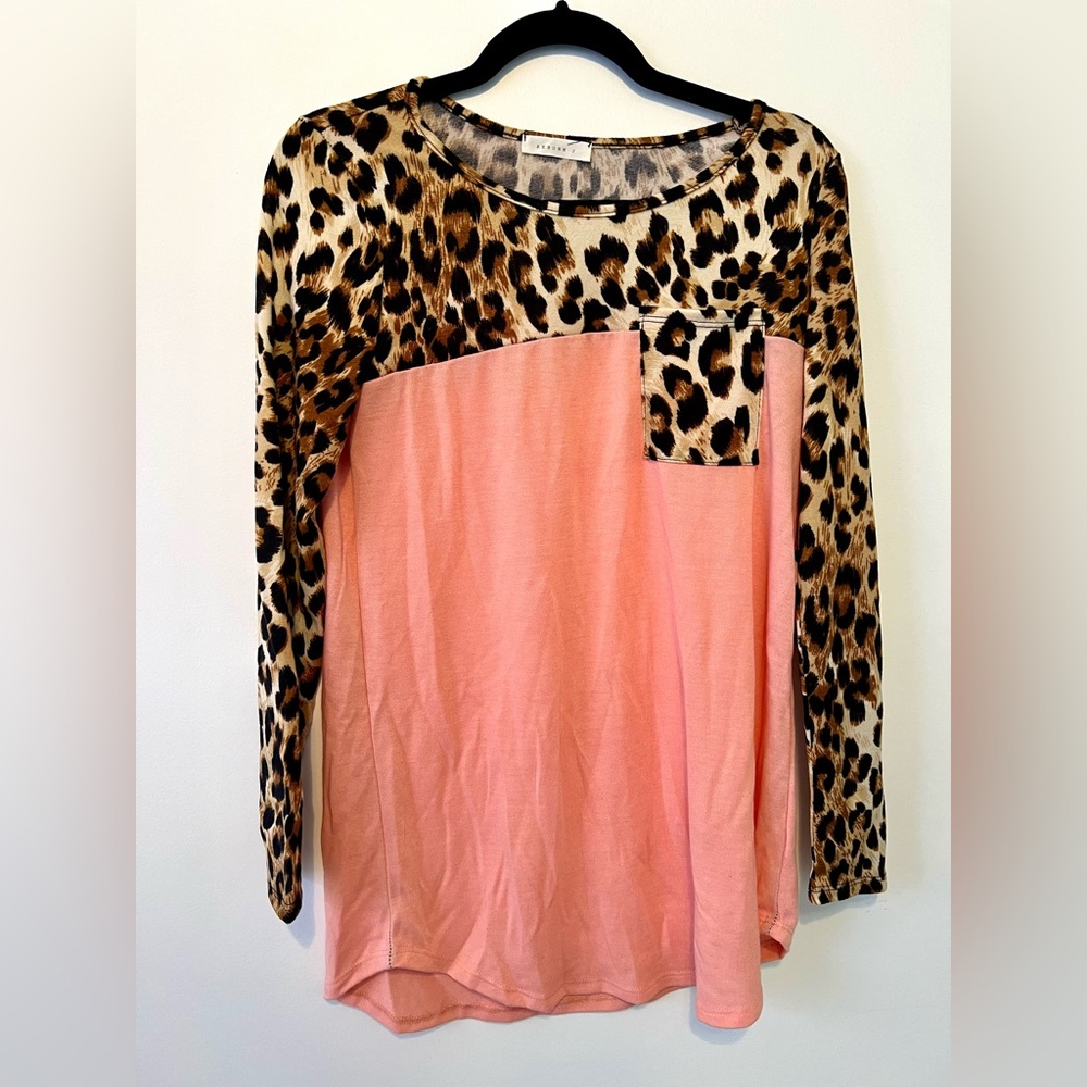 Women’s long sleeve blouse - coral and cheetah - SMALL